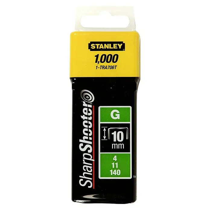Stanley Flachdrahtklammern Typ G - Klammertiefe: 10 mm, 1.000 Stk. - Nahaufnahme einer Packung Stanley SharpShooter Heftklammern, die für ihre Qualität und Zuverlässigkeit beim Befestigen bekannt sind.
