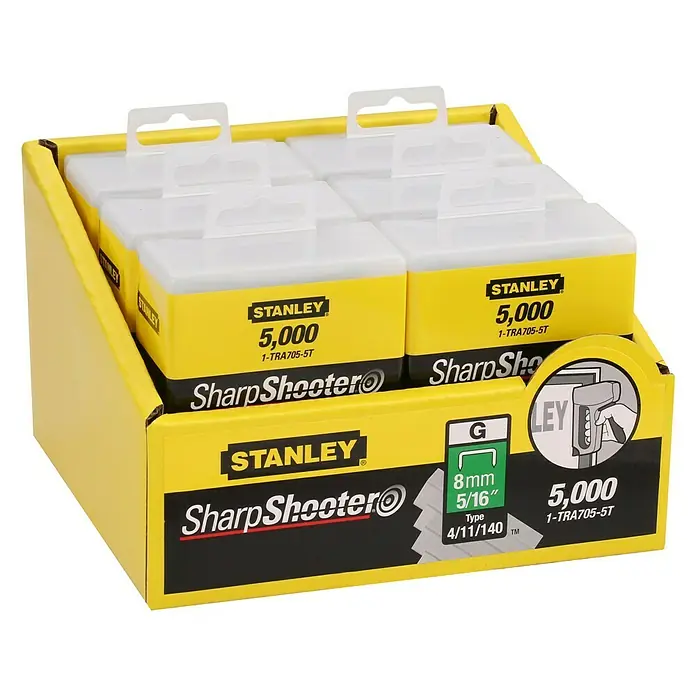 Stanley Flachdrahtklammern Typ G - Klammertiefe: 8 mm, 5.000 Stk. - Eine gelbe Verpackung mit Stanley Sharpshooter Heftklammern, 5.000 Stück, Typ 4/11/140, 8mm.