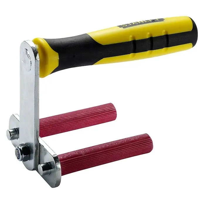 Stanley Plattenheber mit Tragegriff - Passend für: 3 Standard-Gipskartonplatten - Stanley Rollenhebel mit gelb-schwarzem Griff und roten Rollen für einfache Handhabung und präzises Anheben von Materialien.