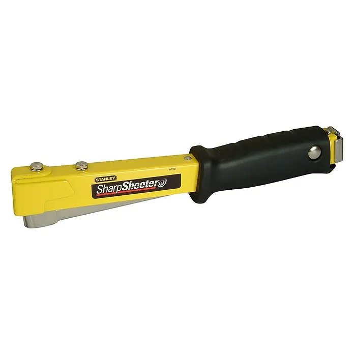 Stanley Hammertacker PHT150 - Stanley Klammern Typ G (6, 8, 10 mm) - Stanley SharpShooter Hammer Tacker. Ein gelber Hammerhefter mit schwarzem Griff für schnelle und effiziente Befestigungslösungen.