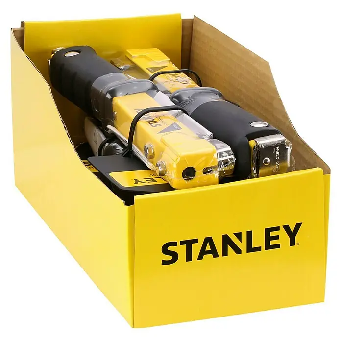 Stanley Hammertacker PHT150 - Stanley Klammern Typ G (6, 8, 10 mm) - Eine gelbe Verpackung mit zwei Stanley Quick Shape Shapers, ideal zum schnellen und einfachen Formen von Holz.