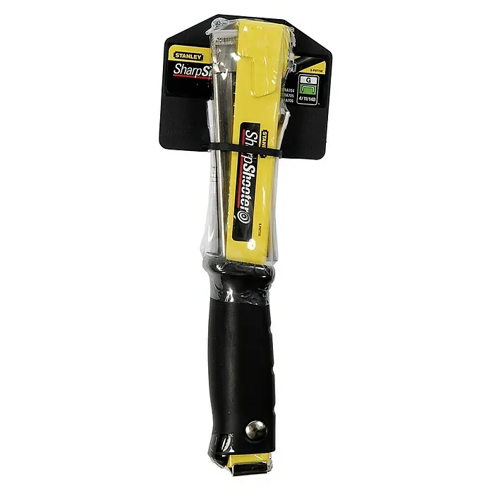 Stanley Hammertacker PHT150 - Stanley Klammern Typ G (6, 8, 10 mm) - Stanley SharpShooter-Tacker in einer durchsichtigen Verpackung, der für schnelle und präzise Befestigungen entwickelt wurde.