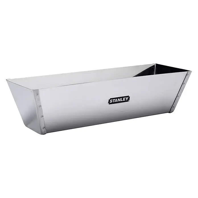 Stanley Spachtelkasten STHT0-05867 - Stahl, 305 mm - Nahaufnahme eines Stanley-Gipsplattenbehälters aus poliertem Metall, ideal für Bau- und Renovierungsprojekte.