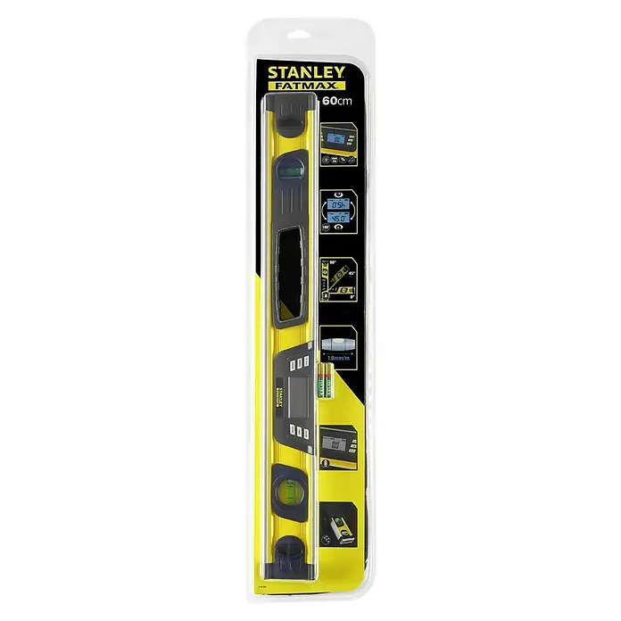 Stanley FatMax Digitale Wasserwaage - Länge: 60 cm - Abbildung einer Stanley Fatmax Wasserwaage (60cm) in gelber Farbe, verpackt in einer transparenten Plastikverpackung.