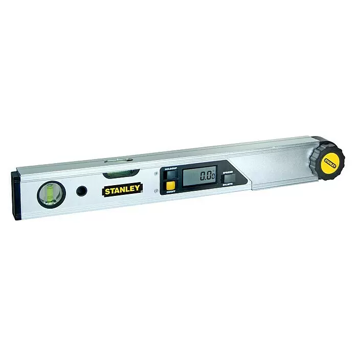 Stanley Goniómetro digital - Longitud lateral: 49 cm, Número de niveles de burbuja: 2 ud. - Un nivel digital Stanley plateado con perilla negra y amarilla, pantalla digital y viales de burbuja tradicionales.