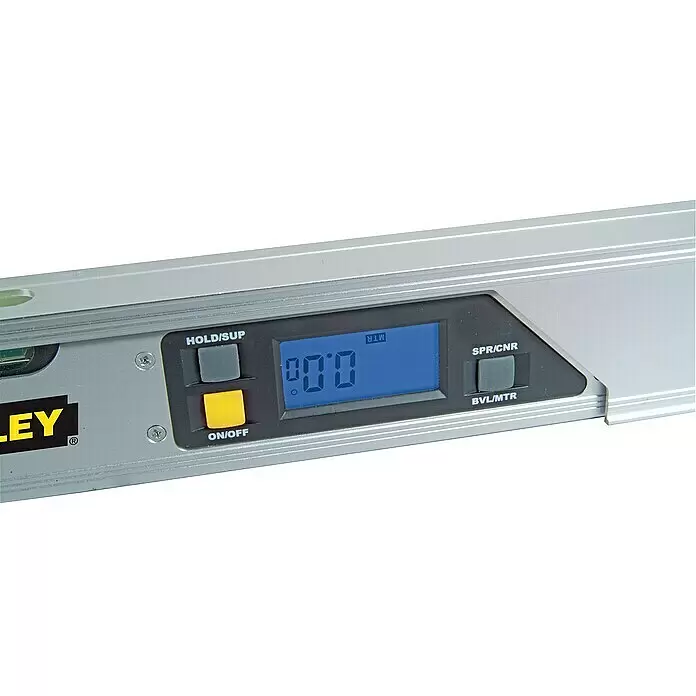 Stanley Digitaler Winkelmesser - Schenkellänge: 49 cm, Anzahl Libellen: 2 Stk. - Silberne digitale Wasserwaage mit blauem LCD-Display „00.0“ und Steuertasten, für präzise Winkel- und Oberflächenmessungen.