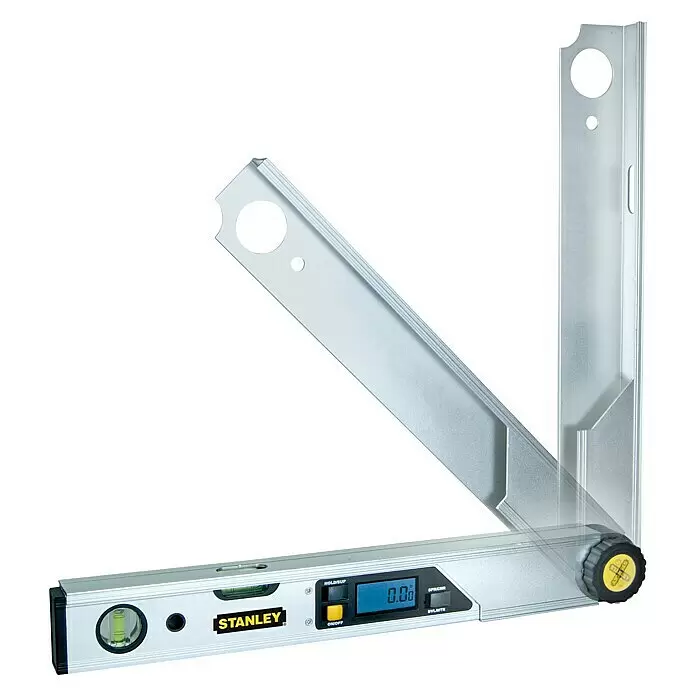Stanley Goniómetro digital - Longitud lateral: 49 cm, Número de niveles de burbuja: 2 ud. - Nivel y transportador digital Stanley plateado con brazos plegables, mostrando 0.00 grados y dos burbujas.