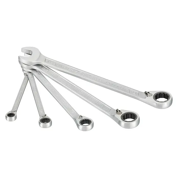 Hazet Knarren-Ringmaulschlüssel-Satz 606/5 - 5 -tlg., Schlüsselweite: 8 mm - 19 mm - Ein Satz Ratschenschlüssel aus Chrom-Vanadium-Stahl, die für präzise Arbeiten konzipiert wurden. Ideal für Werkstatt und Heimwerker.