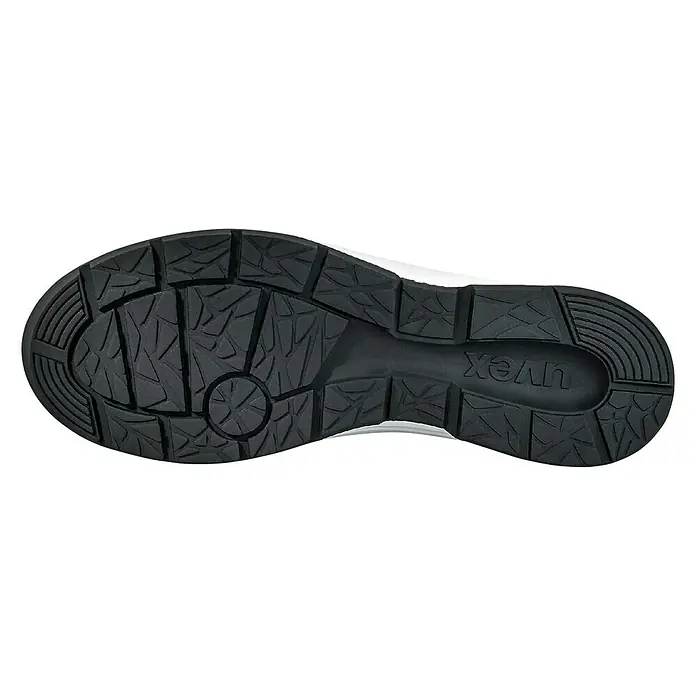 Uvex Sicherheitshalbschuh 1 Sport - 45, Schutzklasse nach EN ISO 20345: S1 - Die schwarze Sohle eines Uvex-Schuhs mit einem robusten, profilierten Design, das für guten Halt sorgt. Perfekt für sicheres Arbeiten.