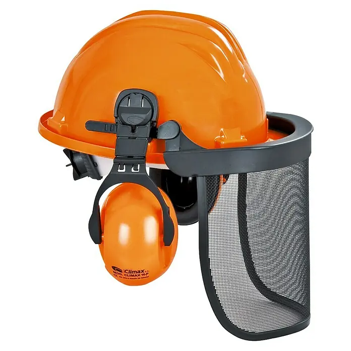 Forst-Schutzhelm - Farbe: Orange, Gehörschutz - Ein orangefarbener Schutzhelm mit integriertem Gesichtsschutz und Ohrenschützern für optimalen Schutz bei Forstarbeiten.
