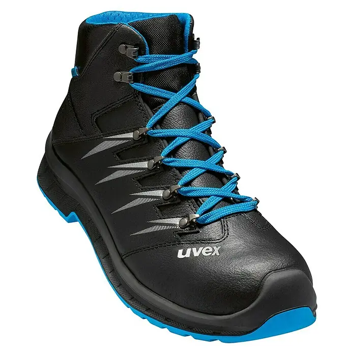 Uvex 2 Trend Sicherheitsstiefel S3 - 41, Schutzklasse nach EN ISO 20345: S3, Schwarz/Blau - Schwarzer Uvex-Sicherheitsstiefel mit blauen Akzenten und Schnürsenkeln für optimalen Schutz und Komfort im Arbeitsalltag.