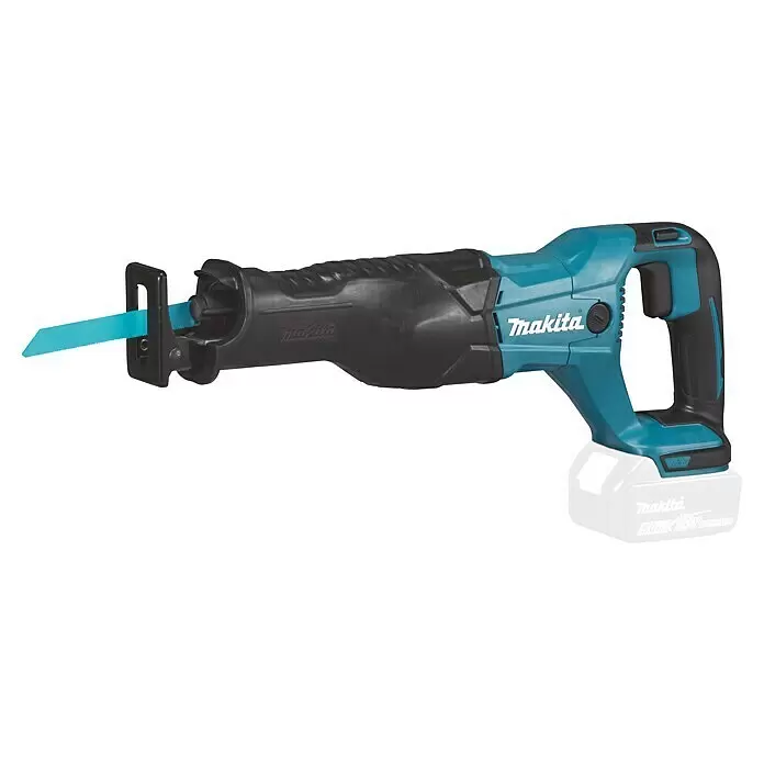Makita LXT 18V Sierra de sable de batería DJR186ZK - 18 V, Sin batería, Número de carreras marcha en vacío: 0 /min - 2.800 /min - Sierra sable inalámbrica Makita en turquesa y negro con hoja azul claro y batería blanca.