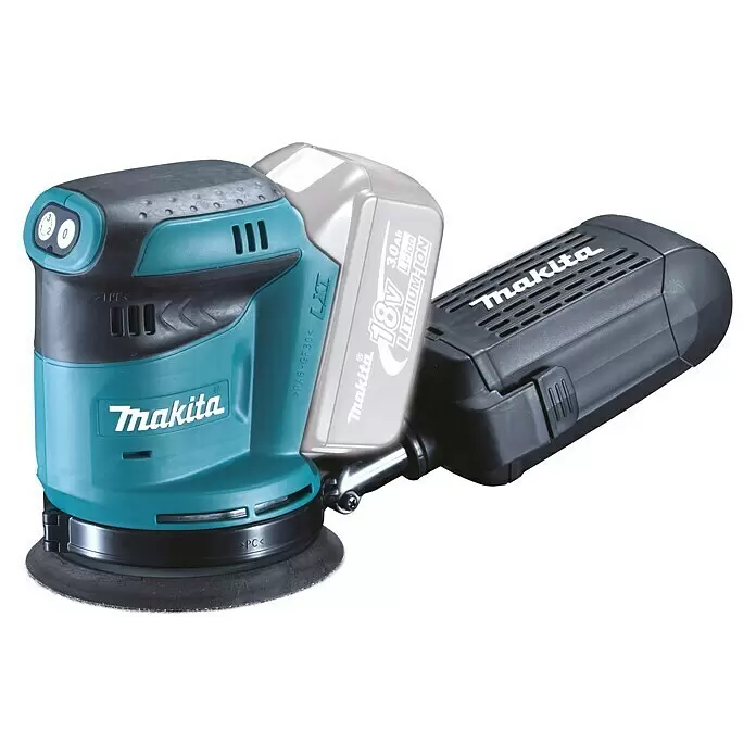 Makita LXT 18V Lijadora excéntrica de batería DBO180Z -  - Lijadora roto-orbital inalámbrica Makita en turquesa y negro, con batería de 18V Li-ion.