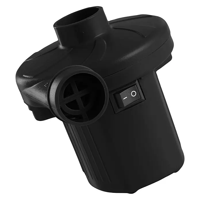 Luftpumpe Elektrisch - 370 l/min, Spannung: 230 V - Nahaufnahme einer schwarzen elektrischen Luftpumpe mit Ein-/Ausschalter und verschiedenen Düsenaufsätzen.