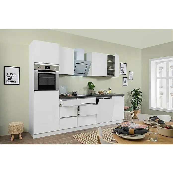 Respekta Premium Küchenzeile Lorena - Breite: 280 cm, Weiß, Matt, Mit Elektrogeräten - Helles Küchendesign mit weißen Schränken, modernen Geräten und Holztisch für ein gemütliches Ambiente. Die Küche bietet viel Stauraum und eine funktionale Ausstattung.