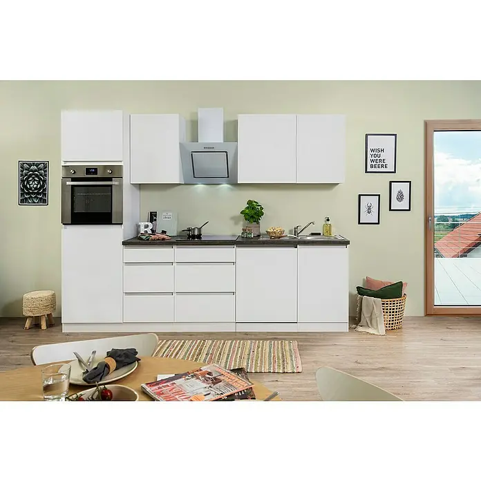 Respekta Premium Küchenzeile Lorena - Breite: 280 cm, Weiß, Matt, Mit Elektrogeräten - Moderne Küche mit weißen Schränken, einer Dunstabzugshaube und einem integrierten Backofen für stilvolles Kochen und Backen.