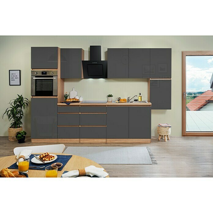 Respekta Premium Küchenzeile GLRP320HESG (Breite: 320 cm, Mit Elektrogeräten, Grau Hochglanz)