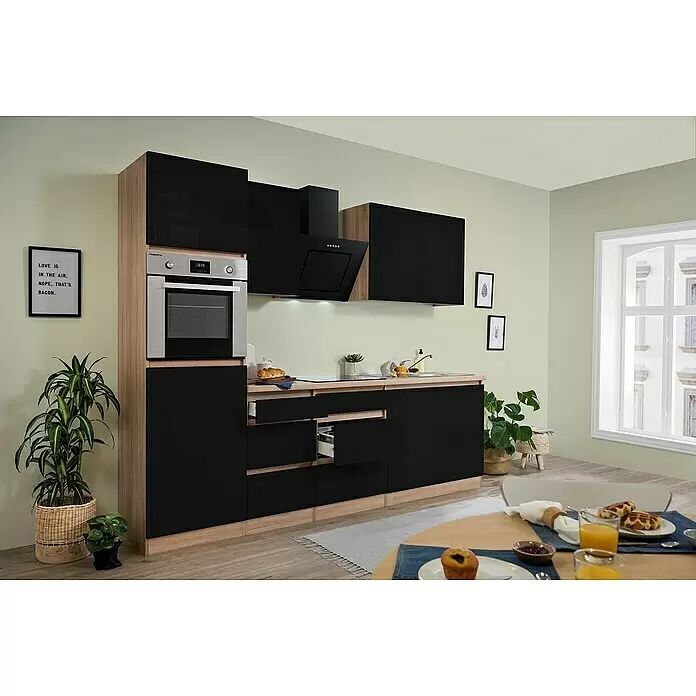 Respekta Premium Küchenzeile Lorena - Breite: 270 cm, Schwarz, Hochglänzend, Dekor Arbeitsplatte: Holzoptik, Mit Elektrogeräten - Stimmungsaufnahme