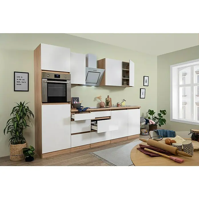 Respekta Premium Küchenzeile Lorena - Breite: 280 cm, Weiß, Mit Elektrogeräten, Matt - Helle Küche mit weißen Schränken, Holzelementen und modernen Geräten. Das Design ist stilvoll und funktional für kulinarische Erlebnisse.