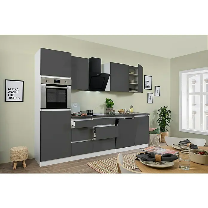 Respekta Premium Küchenzeile Lorena - Breite: 280 cm, Grau, Hochglänzend, Dekor Arbeitsplatte: Steinoptik, Mit Elektrogeräten - Moderne Küche in Grau und Weiß mit Einbaugeräten und Esstisch, ideal für zeitgemäßes Wohnen und Kochen mit Stil.