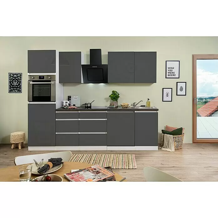 Respekta Premium Küchenzeile Lorena - Breite: 280 cm, Grau, Hochglänzend, Dekor Arbeitsplatte: Steinoptik, Mit Elektrogeräten - Stimmungsaufnahme