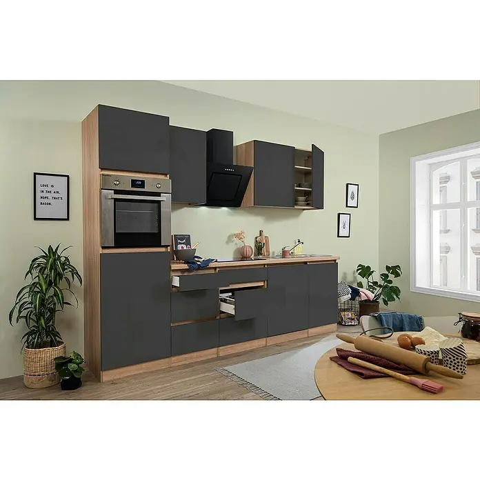 Respekta Premium Küchenzeile Lorena - Breite: 280 cm, Grau, Hochglänzend, Dekor Arbeitsplatte: Holzoptik, Mit Elektrogeräten - Moderne Küche mit grauen Schränken, Holzdetails und eingebautem Ofen für ein stilvolles und funktionales Kocherlebnis.