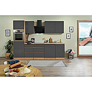 Respekta Premium Küchenzeile GLRP280HESG (Breite: 280 cm, Grau, Hochglänzend, Dekor Arbeitsplatte: Holzoptik, Mit Elektrogeräten)