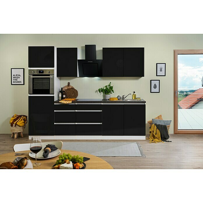 Respekta Premium Küchenzeile GLRP270HWS (Breite: 270 cm, Mit Elektrogeräten, Schwarz Hochglanz)