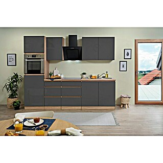 Respekta Premium Keukenblok Lorena (Breedte: 270 cm, Grijs, Hoogglans, Uiterlijk werkblad: Houtlook, Met elektrische apparatuur)