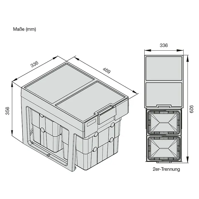essensa Einbaumülleimer Easywaste - 32 l, Kunststoff, Grau, 2 x 16 l Fassungsvermögen - Abbildung eines Abfalltrennsystems mit den Maßen 336x336x356 mm (BxTxH) für das Gehäuse und 469x929 mm für das gesamte System.