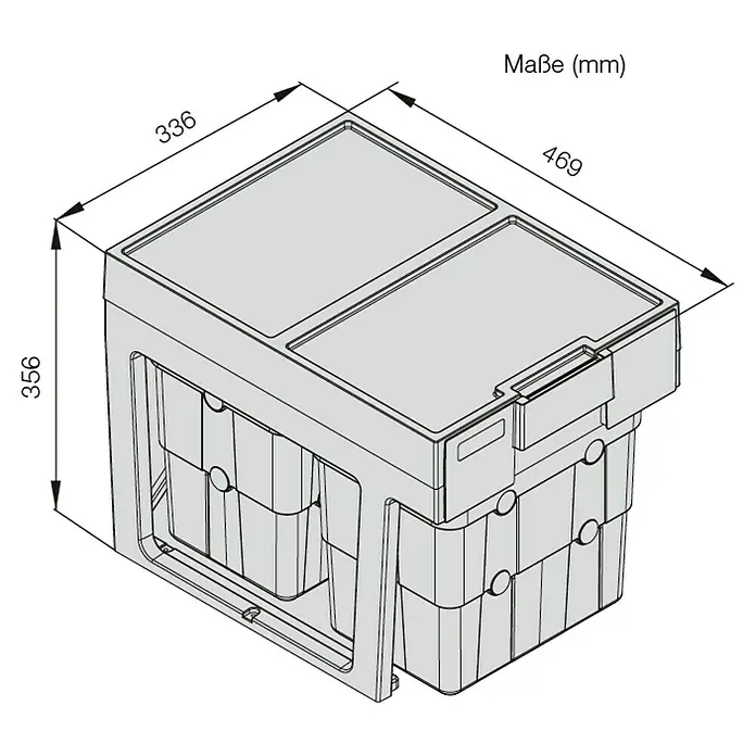 essensa Einbaumülleimer Easywaste - 32 l, Kunststoff, Grau, 2 x 16 l Fassungsvermögen - Abbildung eines Mülleimerschranks mit den Maßen 336 mm x 469 mm x 356 mm. Der Schrank ist grau und hat zwei Fächer.