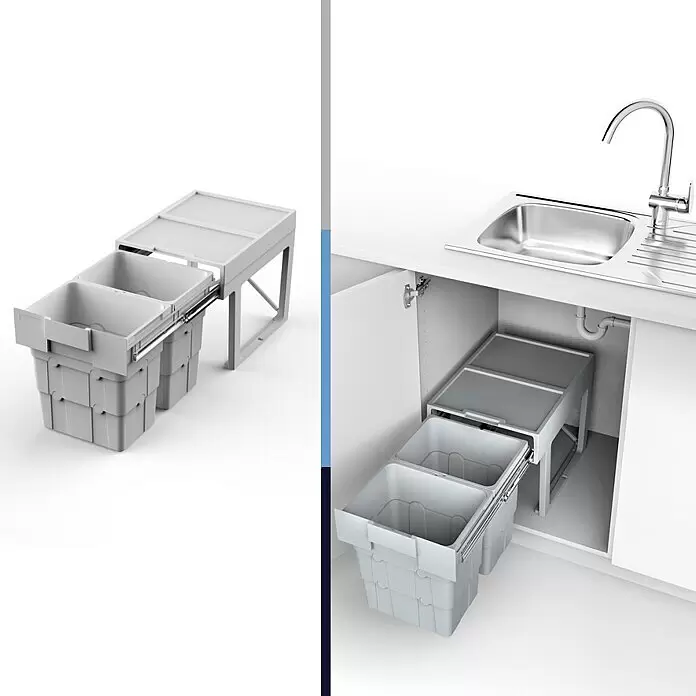 essensa Einbaumülleimer Easywaste - 32 l, Kunststoff, Grau, 2 x 16 l Fassungsvermögen - Hellgraues Kunststoff-Zwei-Kammer-Auszieh-Mülltrennsystem unter einer Spüle installiert.