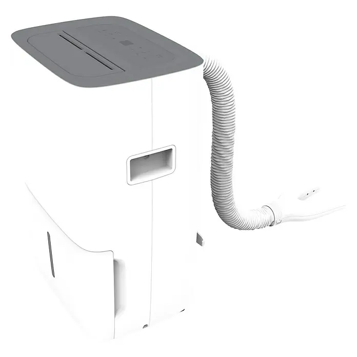 Voltomat Deshumidificador eléctrico con secador de zapatos - 520 W, Potencia de deshumidificación: 30 l/día, L x An x Al: 31,5 x 39,5 x 53,5 cm, Blanco - Un deshumidificador portátil blanco con parte superior gris y manguera flexible que se extiende del lateral, mostrado en un estudio.