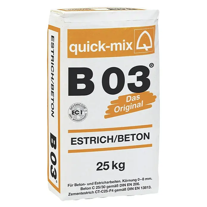 Quick-Mix Estrichbeton B03 - 25 kg - Sack Quick-Mix B03 Estrich/Beton, ein vielseitiges Produkt für Beton- und Estricharbeiten, mit einer Körnung von 0-8 mm und einem Gewicht von 25 kg.