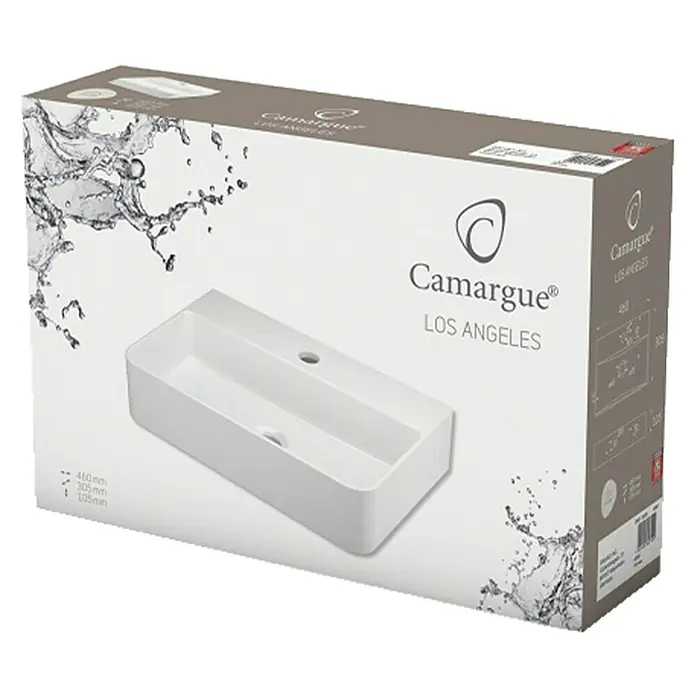 Camargue Los Angeles Waschbecken - B x L: 46 x 30,5 cm, Ohne Spezialglasur, Hahnloch: Mitte, Ohne Überlauf, Weiß - Nahaufnahme eines Camargue Los Angeles Waschbeckens in einer Produktverpackung, das elegante Design und die klaren Linien hervorhebt.