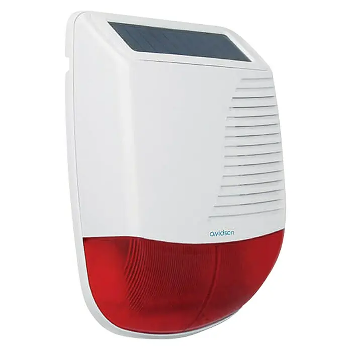 Avidsen Funk-Solaraußensirene - Passend für: Avidsen Alarm-Kit Modell 100720 & 100731, 100 dB, Außen - Nahaufnahme einer Avidsen-Solar-Außensirene mit rotem Blitzlicht und Lautsprechergittern auf schwarzem Hintergrund.