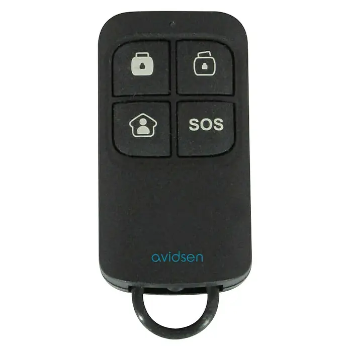 Avidsen Mando a distancia de la alarma - Alcance: 100 m - Primer plano del control remoto Avidsen, un dispositivo negro con cuatro botones y una función SOS para mayor seguridad.
