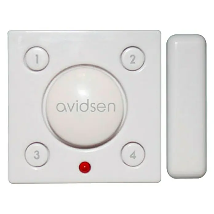 Avidsen Sistema de alarma mini -  - Mando a distancia Avidsen con cuatro botones y un LED rojo, junto a un dispositivo rectangular delgado para domótica.