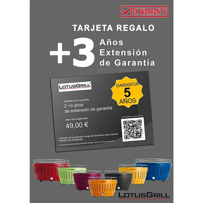 LotusGrill Barbacoa de carbón XL - Diámetro de la superficie de la parrilla: 43 cm, Rojo - Imagen del producto LotusGrill que muestra una tarjeta de garantía extendida de 3 años adicionales, para una garantía total de 5 años, y varios colores de parrilla.
