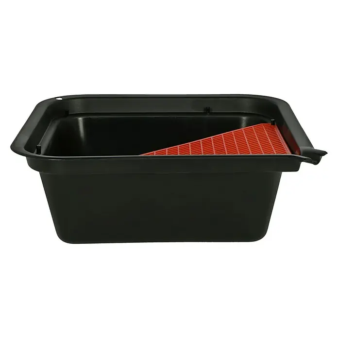 Mehrzweckwanne - 7 l, Abnehmbares Abtropfgitter - Schwarze Ölauffangwanne mit rotem Sieb, ideal für Werkstätten und Garagen, zur sauberen Entsorgung von Altöl.