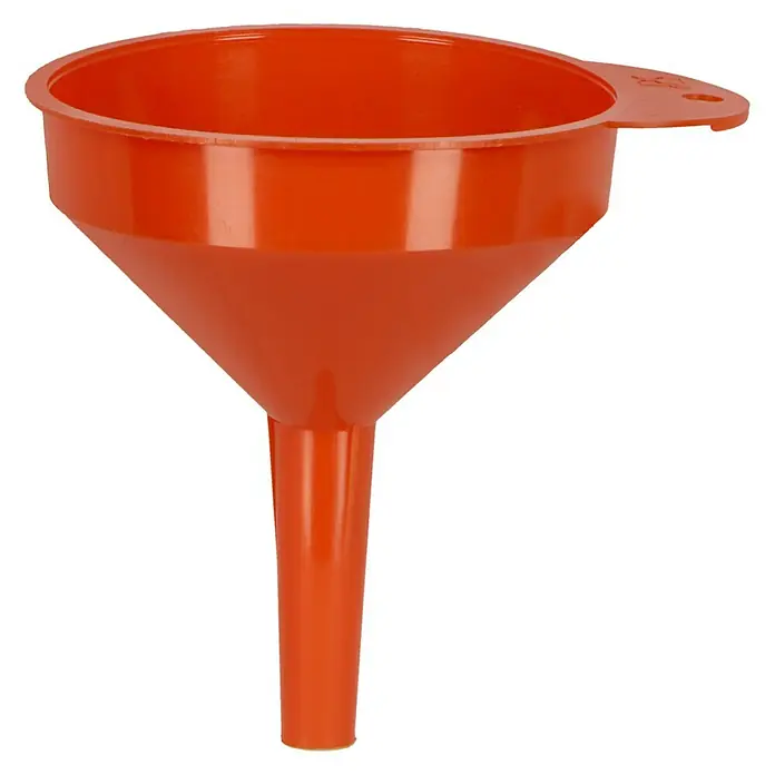 Ernst Trichter - Durchmesser: 70 mm, Grifflasche - Ein roter Trichter mit einem breiten Oberteil und einer schmalen Röhre. Ideal für das Umfüllen von Flüssigkeiten.