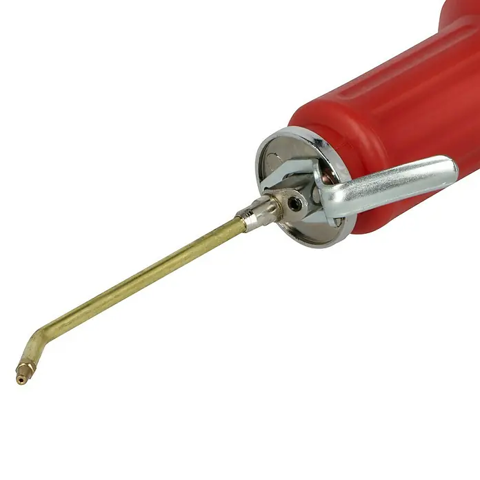 Mato Premium Öler - 500 ml - Eine rote Ölpistole mit einem goldenen Auslaufrohr. Ideal für präzises Schmieren von Maschinen und Geräten.