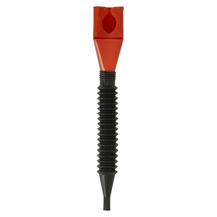 Trichter Mini-Fill flex - Geeignet für: Gebinde bis ca. 5l - Das Bild zeigt einen roten Trichter mit einem schwarzen, flexiblen Schlauch. Er ist ein praktisches Werkzeug zum Umfüllen von Flüssigkeiten.