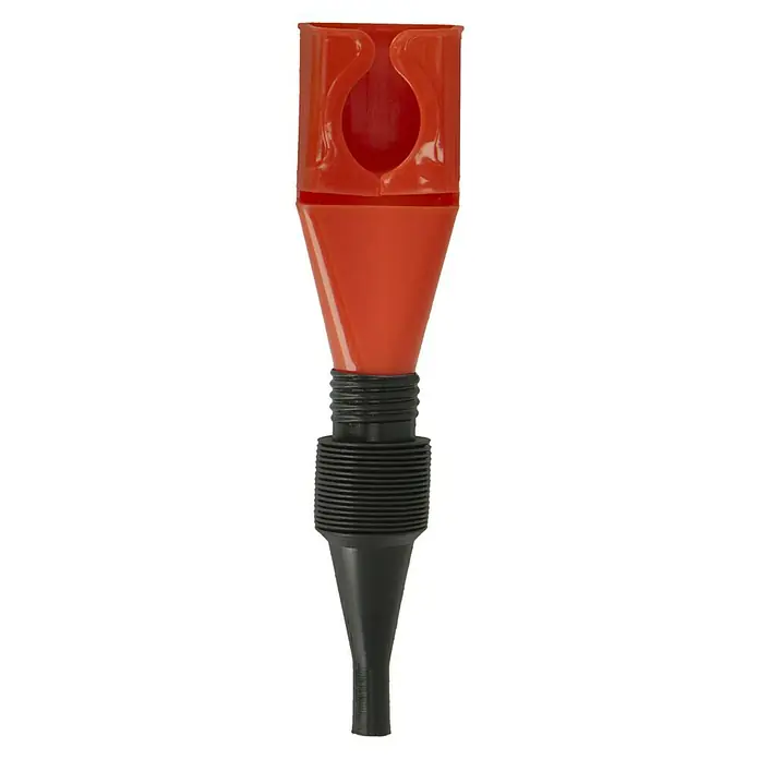 Trichter Mini-Fill flex - Geeignet für: Gebinde bis ca. 5l - Das Bild zeigt einen roten Öltrichter mit einem schwarzen Adapter, der für eine saubere und einfache Ölversorgung konzipiert ist.