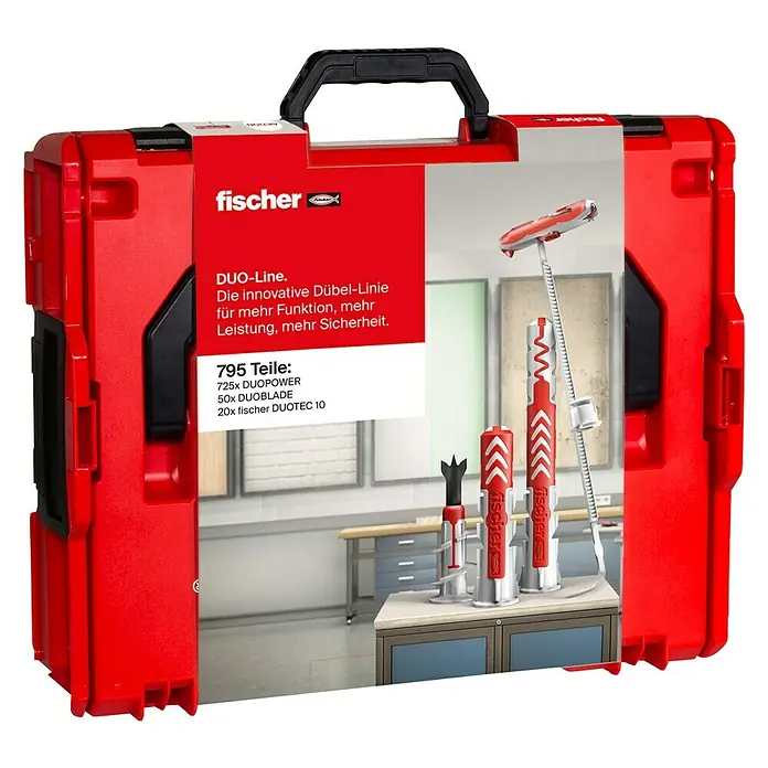 Fischer Dübelsortiment Duoline L-Boxx 102 - Mit Rand, 795 -tlg. - Produktbild eines roten Fischer DUO-Line Dübel-Koffers mit 795 Teilen, inklusive DUOPOWER, DUOBLADE und DUOTEC Dübeln.