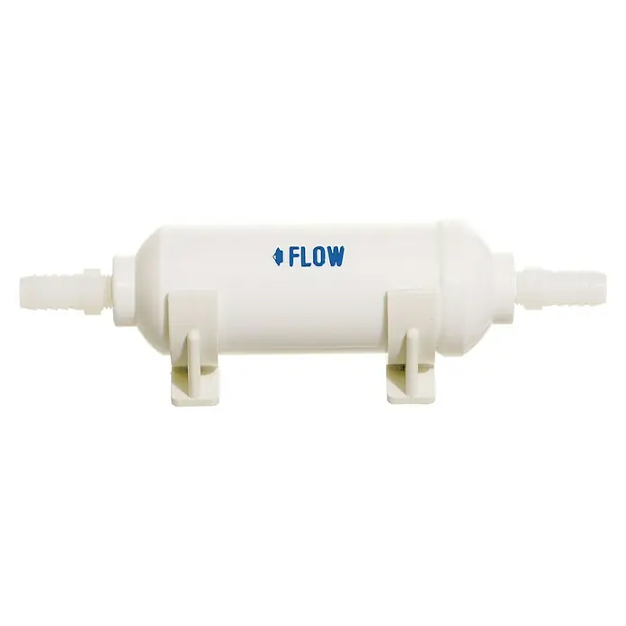 Yachticon Wasserfilter Inline - Geeignet für Anschlussleitung: 10 mm, Max. Fördermenge: 9 l/min - Weißer Durchflussmesser mit der Aufschrift "FLOW" in Blau, der die Durchflussrichtung anzeigt.