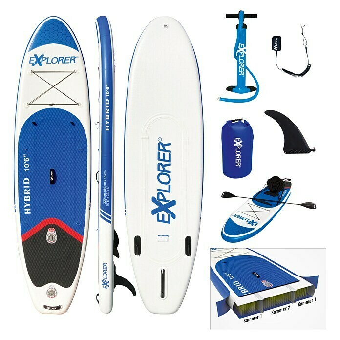 Explorer SUP-Board-Set Hybrid 10.6L x B x H: 320 x 84 x 15 cm, Nutzlast: 150 kg, Aufblasbar, Blau/Weiß Front View