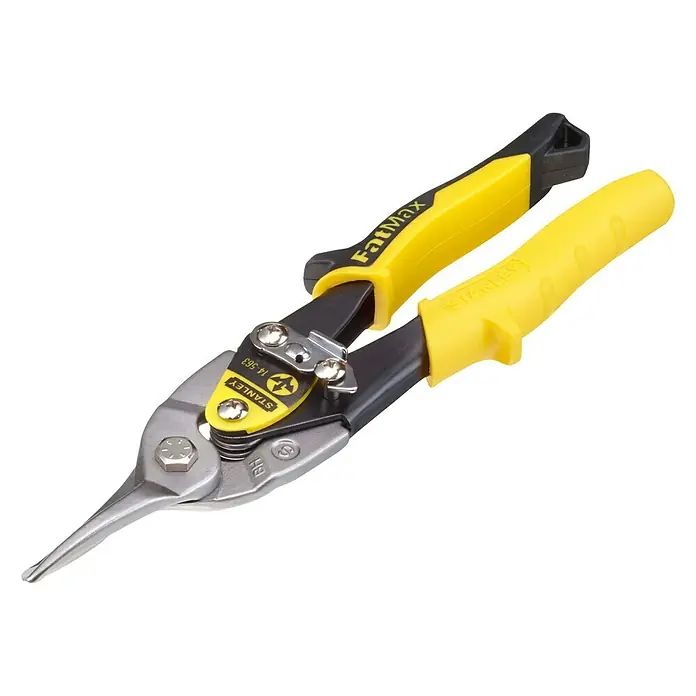Stanley FatMax Blechschere - Länge: 250 mm, Schnittlänge: 1,2 mm, Gerade - Nahaufnahme einer gelb-schwarzen Blechschere von Stanley FatMax, die für präzise Schnitte in Metallblechen entwickelt wurde.