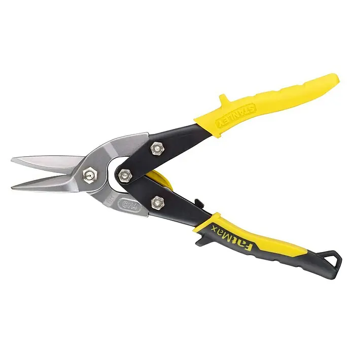 Stanley FatMax Blechschere - Länge: 250 mm, Schnittlänge: 1,2 mm, Gerade - Eine Stanley FatMax Blechschere mit gelben Griffen vor einem schwarzen Hintergrund, ein robustes Werkzeug für präzise Schnitte.