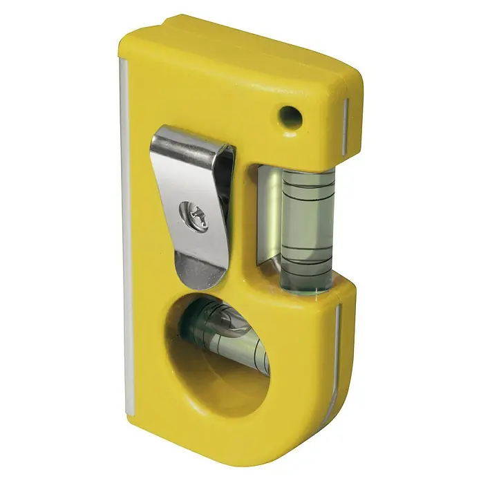Stanley Taschenwasserwaage - Länge: 84 mm, Anzahl Libellen: 2 Stk. - Gelbe Mini-Wasserwaage mit Clip, ein nützliches Werkzeug für präzise Messungen und Nivellierungen bei kleinen Projekten.